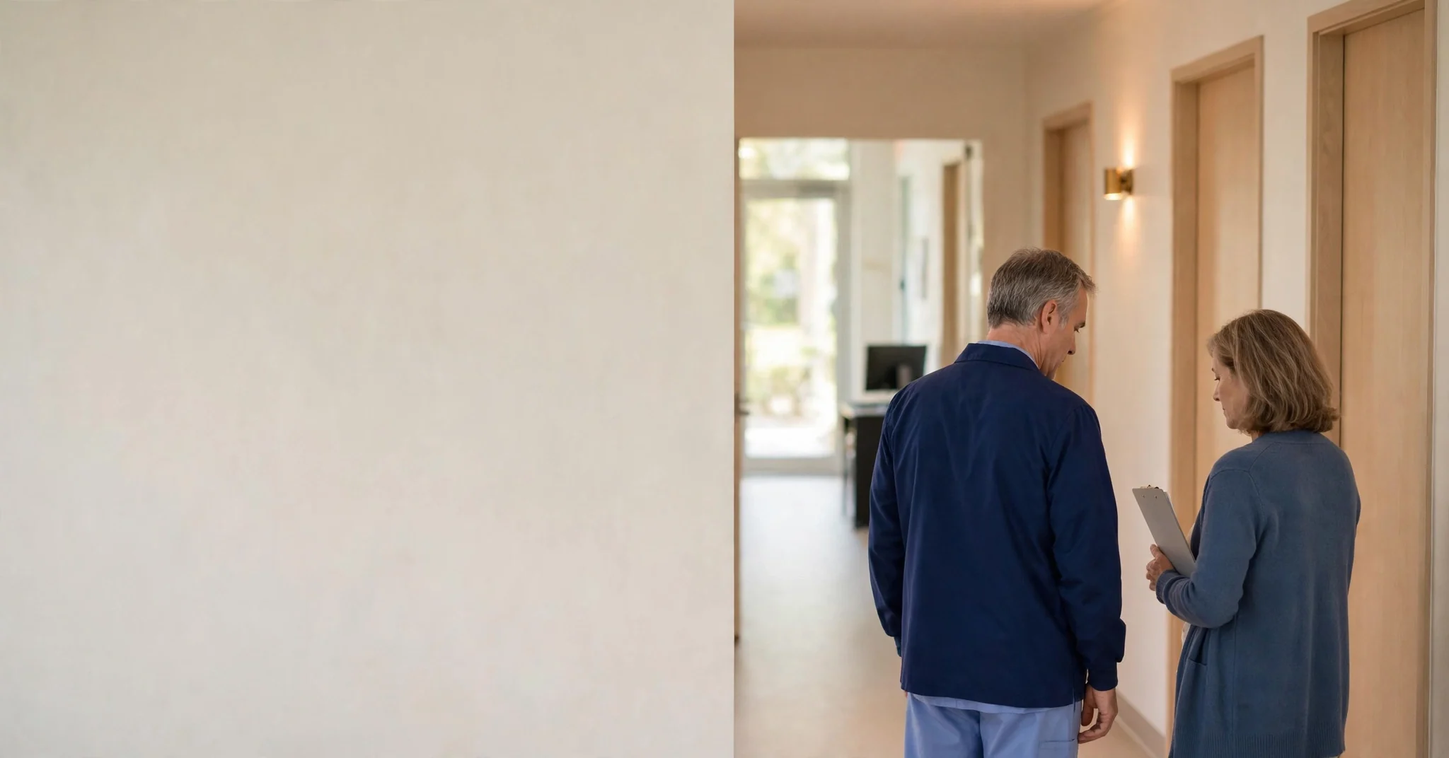 A clinician in navy scrubs showing a colleague down the corridor of a small medical practice.