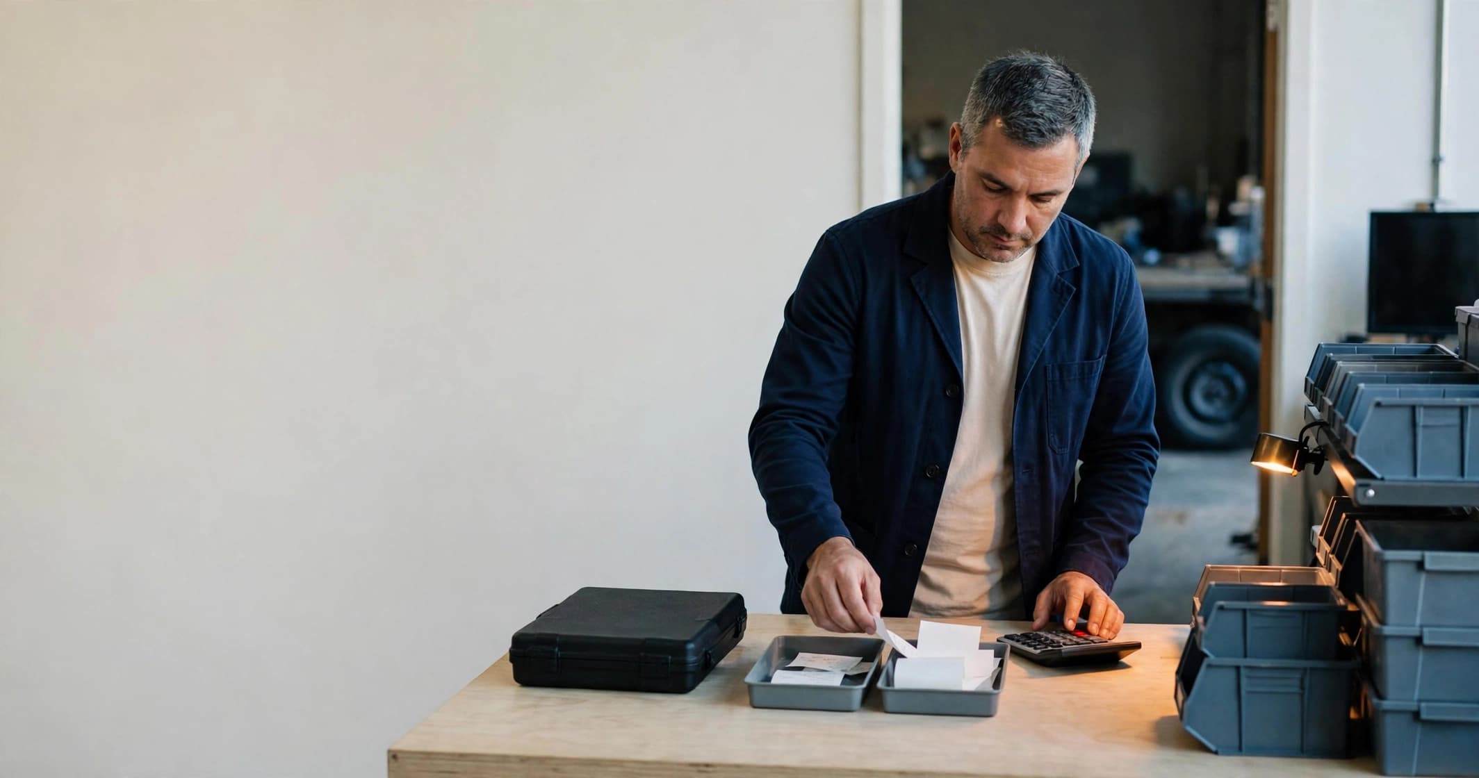 A man in a navy work jacket sorting paper receipt slips into two trays beside a calculator, in the back office of a small service business.