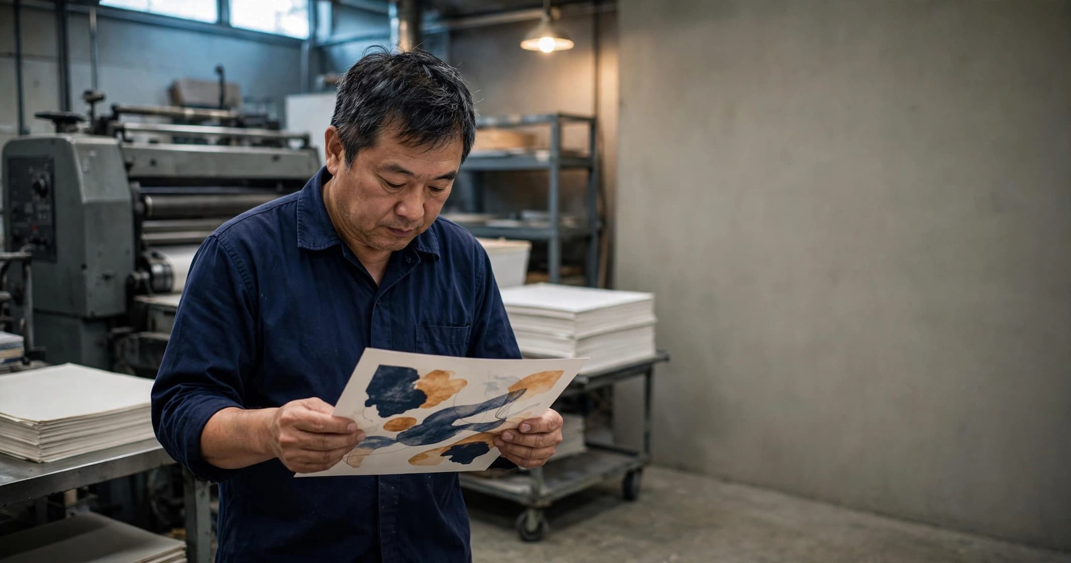 A printer in a navy work shirt inspecting a freshly printed sheet beside a large-format press.