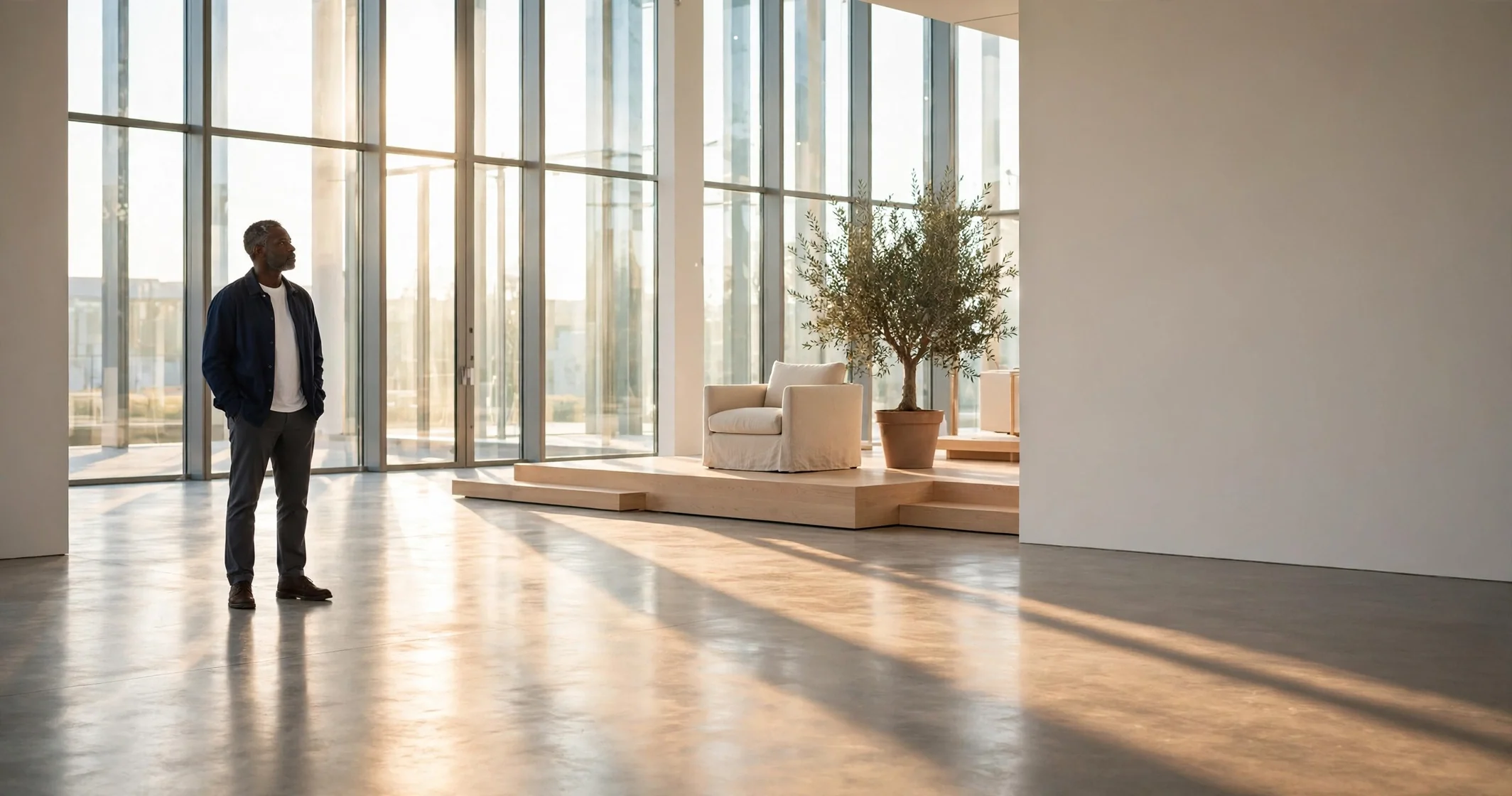 A business owner standing alone on the open floor of a sunlit showroom before opening, looking toward a wall of tall windows.