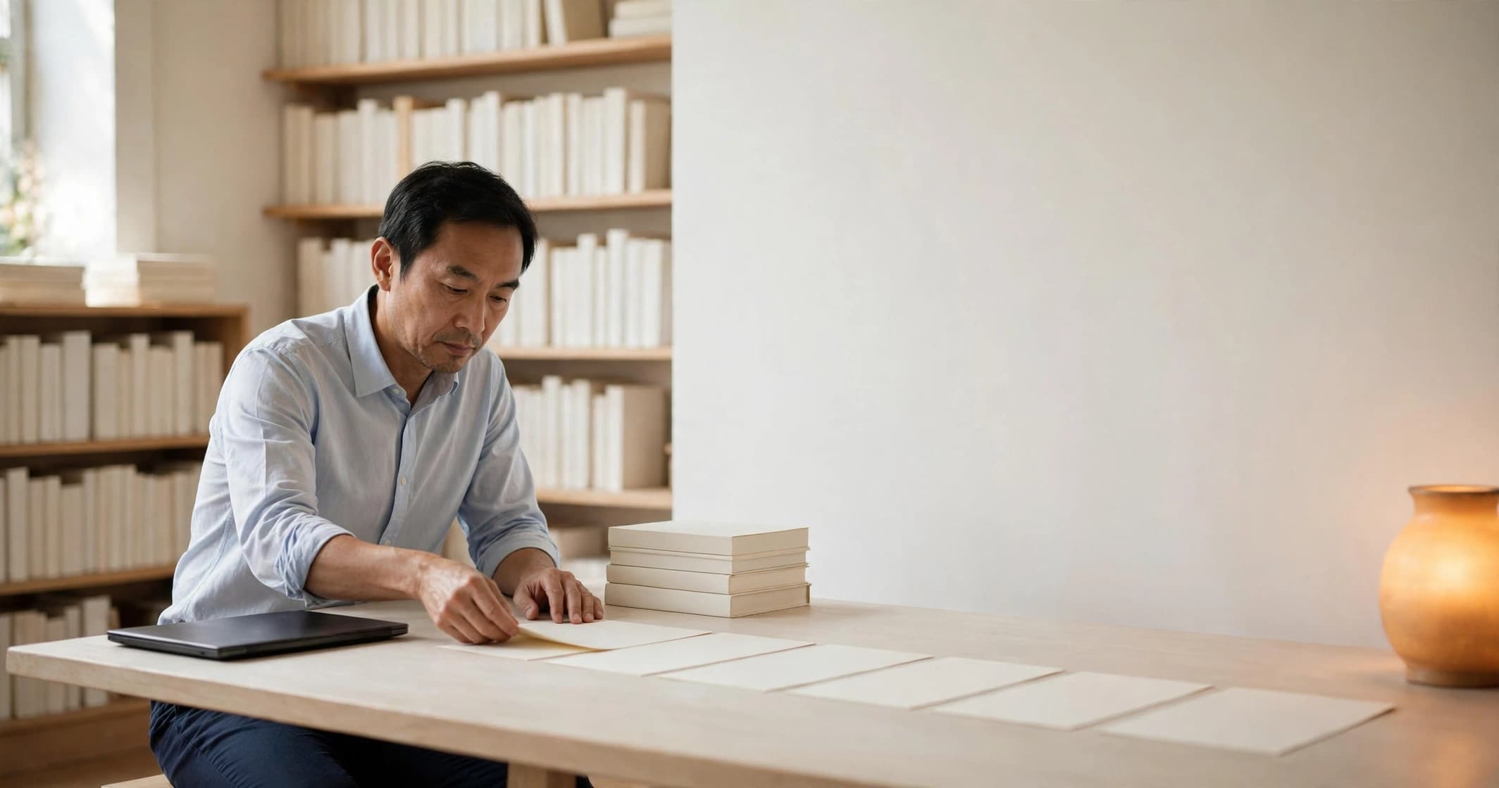 A man laying out a row of blank pages across a long oak table in a quiet reading room lined with books.