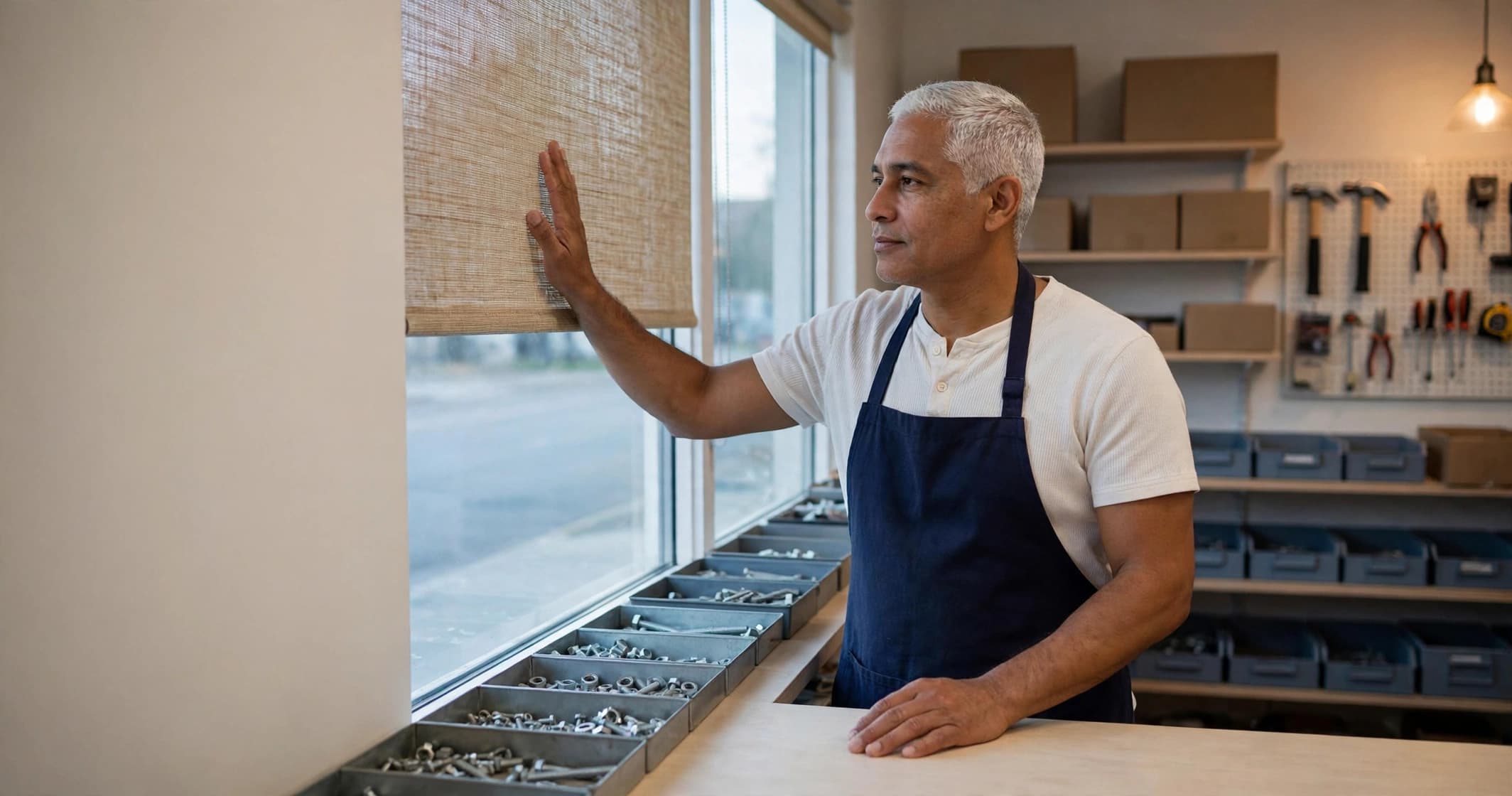 A shop owner in a navy apron raising the window blind of his hardware store before opening.