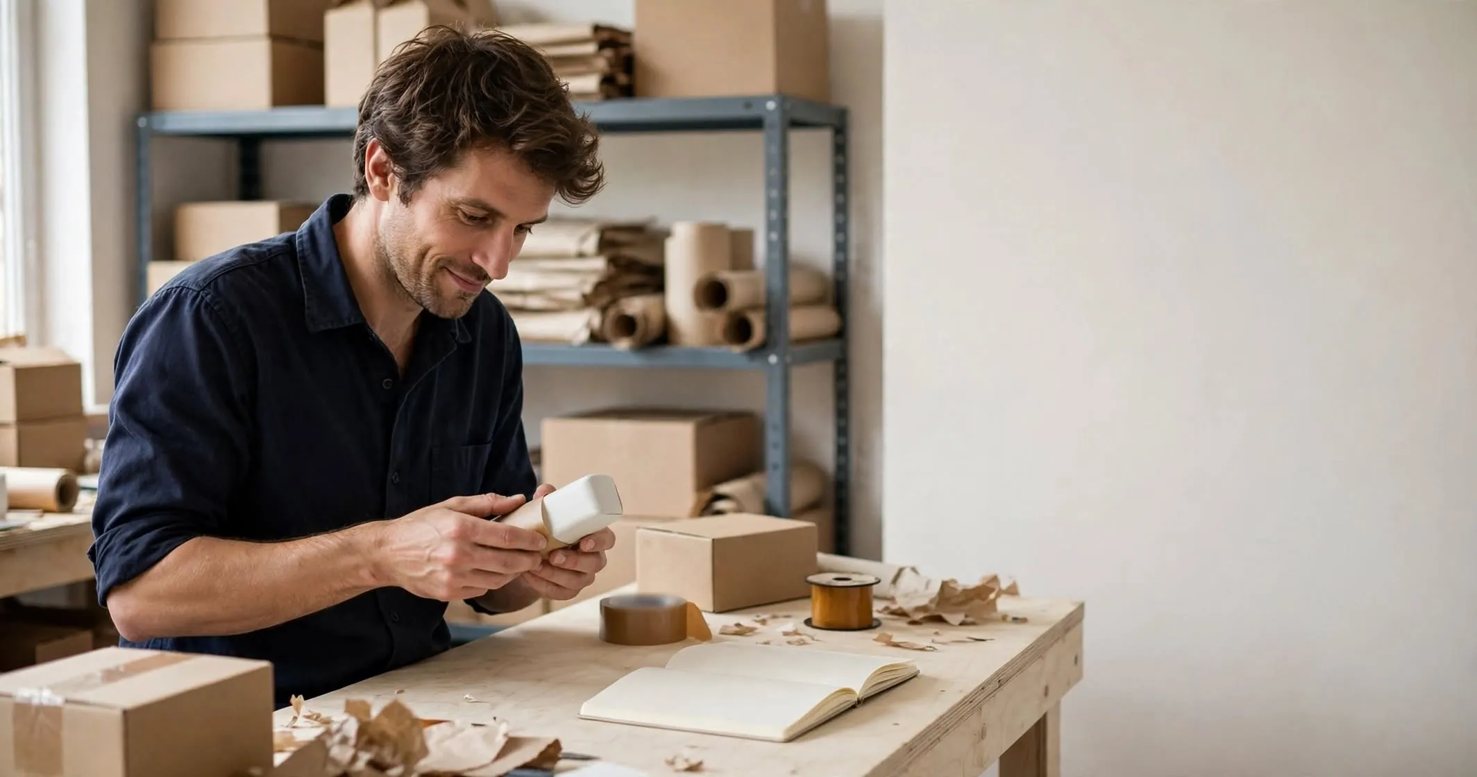 Founder working with an unbranded product prototype at a small workshop table.