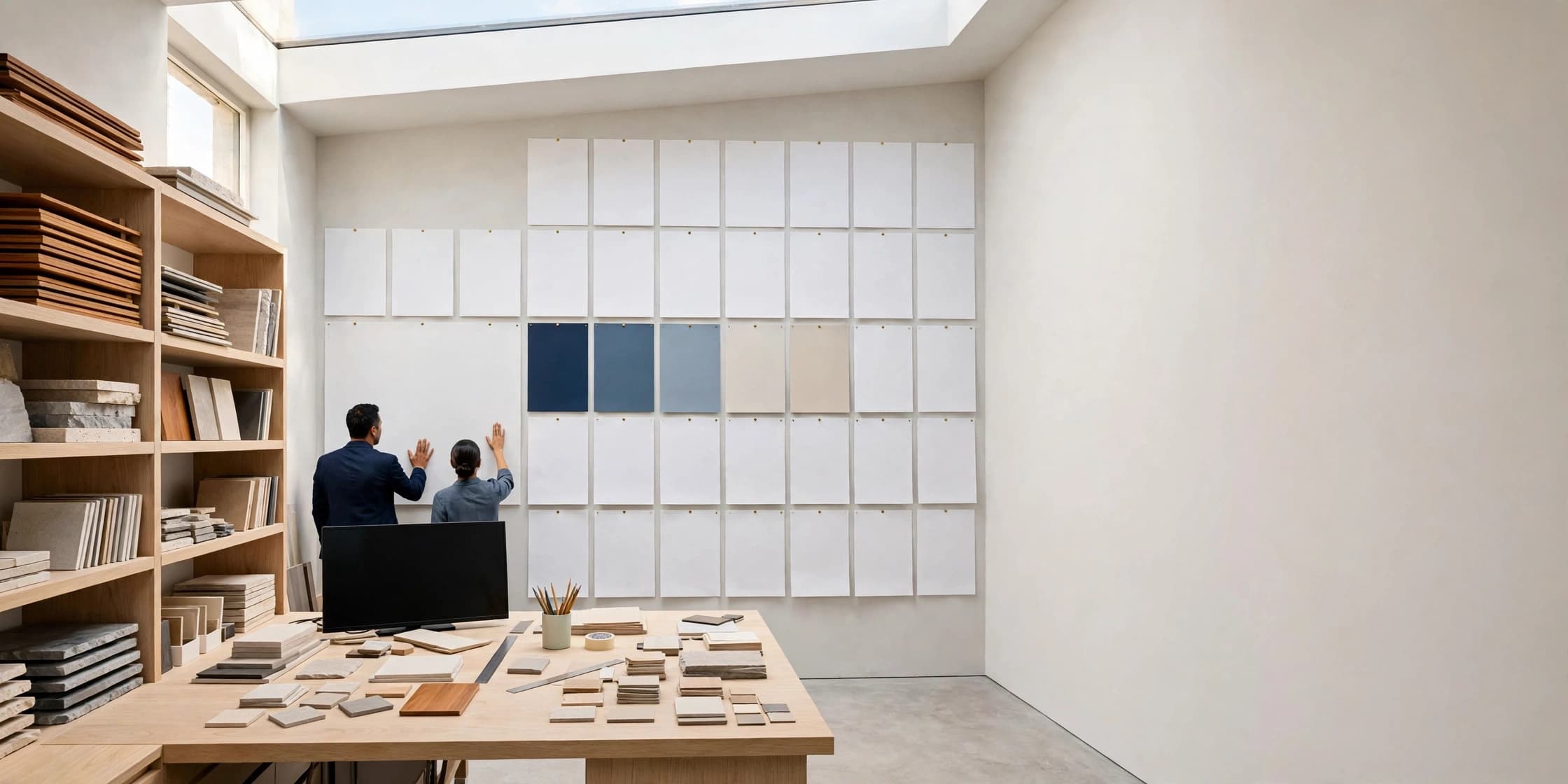 Two people pinning blank page layouts to a studio wall beneath a skylight, wood and stone samples on the shelves beside them.