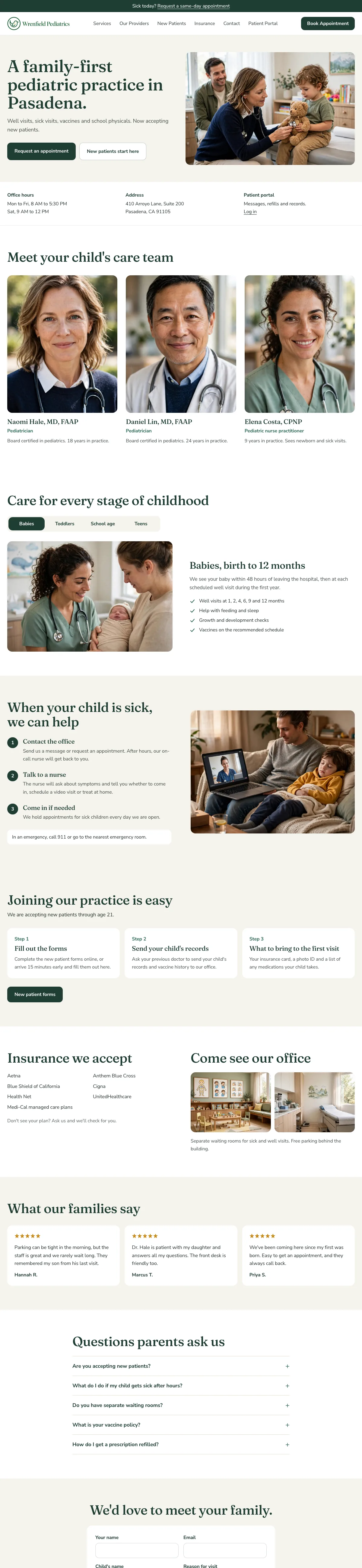 Wrenfield Pediatrics, a sample medical website by Mining Wells, on a laptop