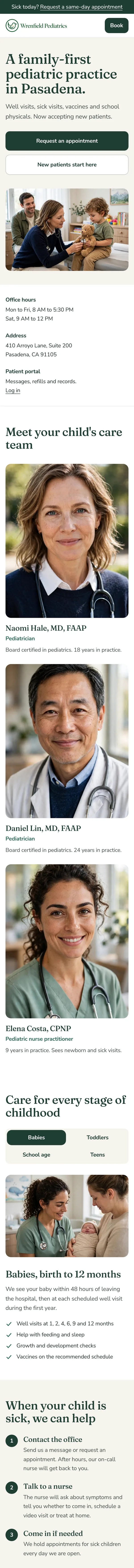 Wrenfield Pediatrics, the same sample website on a phone