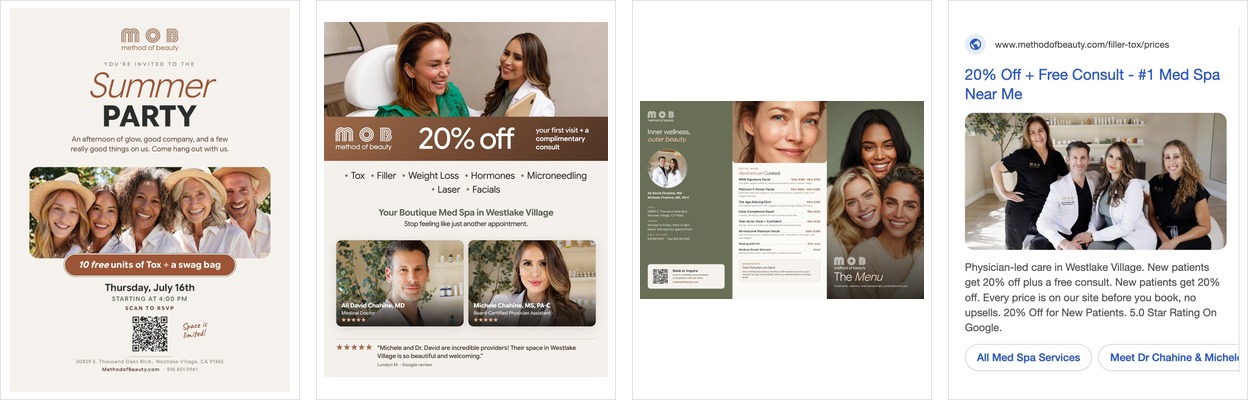 The direct mail postcard, the Meta ad, the printed treatment menu and the Google ad we made for Method of Beauty