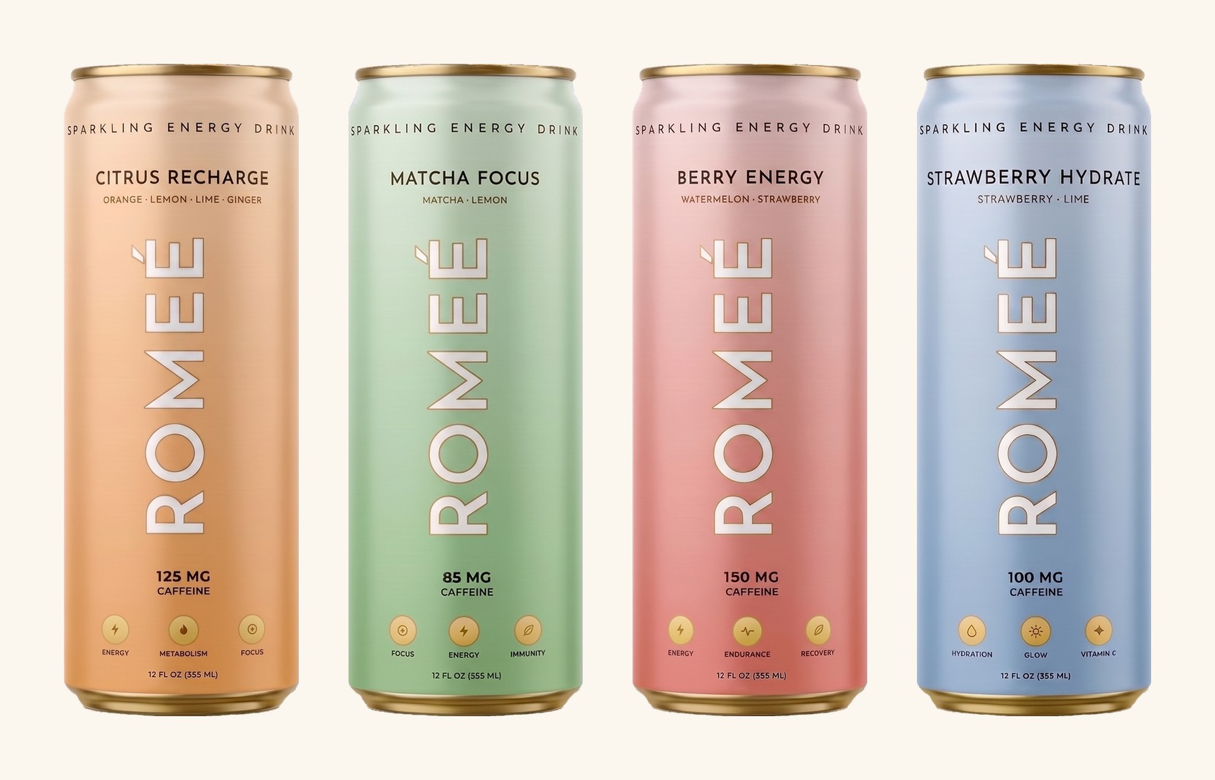 The four Romeé cans: Citrus Recharge, Matcha Focus, Berry Energy and Strawberry Hydrate
