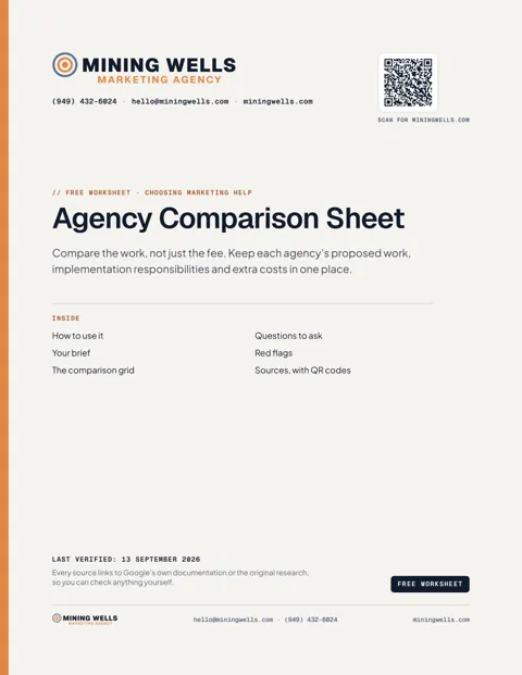 The first page of the Agency Comparison Sheet