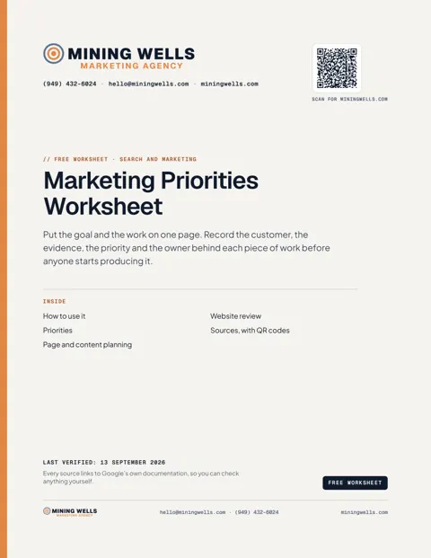 The first page of the Marketing Priorities Worksheet