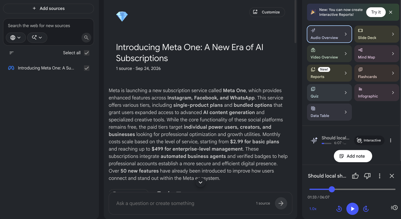 Gemini Notebook after importing Meta's announcement: its own headline and a summary that calls the top plans enterprise bundles