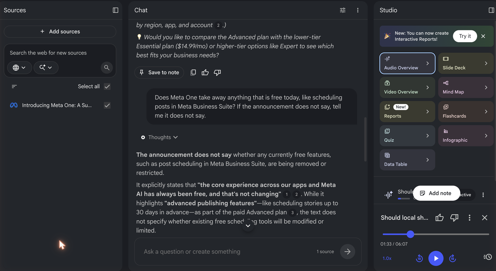 Gemini Notebook's answer to the trap question: the announcement does not say, with numbered citations to Meta's page