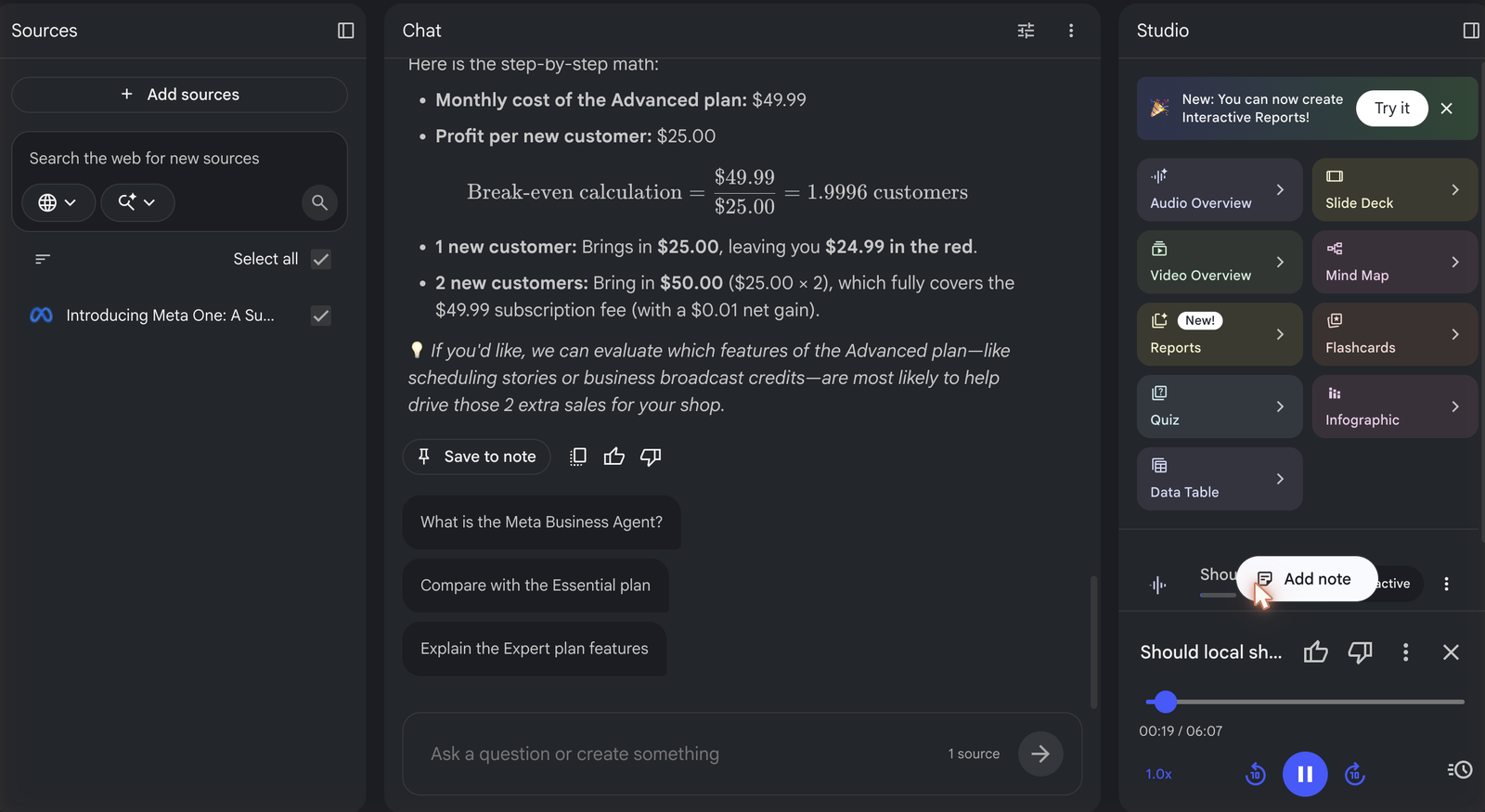 Gemini Notebook's break-even math, 1.9996 customers rounded to two, next to the finished Audio Overview player