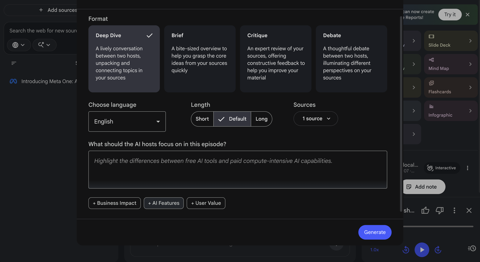 The Customize Audio Overview dialog: Deep Dive, Brief, Critique and Debate formats, Short, Default or Long, and a prompt box