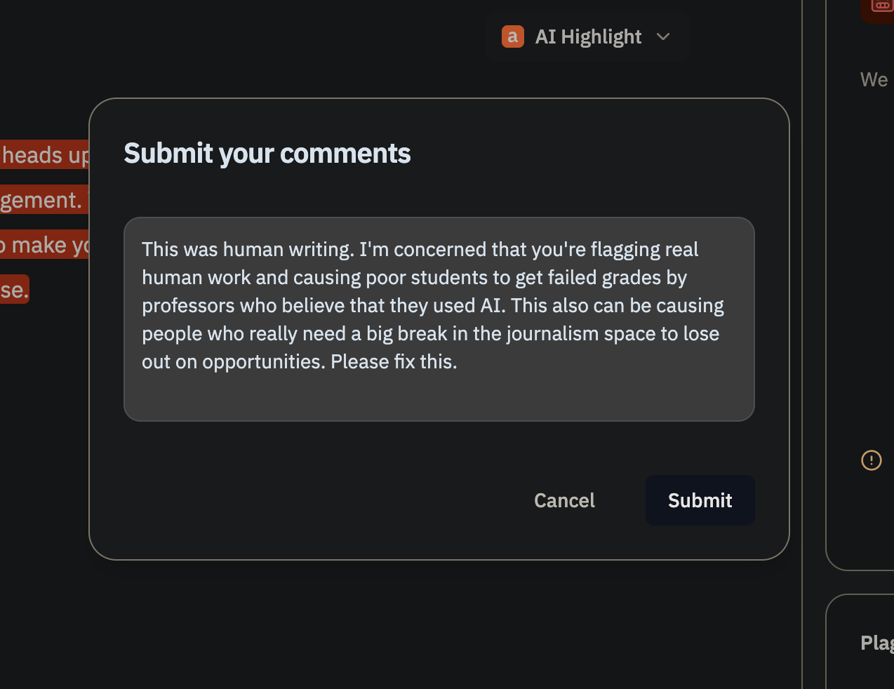 Pangram's Submit your comments box, where I wrote that the note was human writing and asked Pangram to fix the error